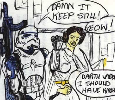 Leia resists arrest by the stormtrooper with a big gun! Star Wars comic drawing detail