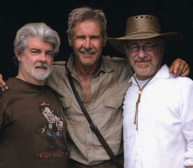 ford, spielberg and lucas in his han shot first t-shirt