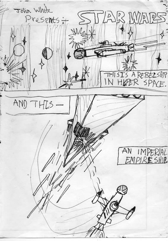Kid's Star Wars comic page: Princess Leia's Rebel 'blockade runner' spacecraft, the Tantive IV emerges from hyperspace, pursued by the Imperial Star Destroyer.