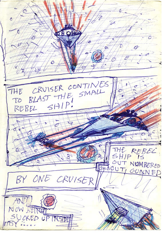 The Rebel blockade runner, the Tantive IV is captured and pulled into the Imperial Star Destroyer, Devastator with a tractor beam—In this Star Wars comic page by a kid