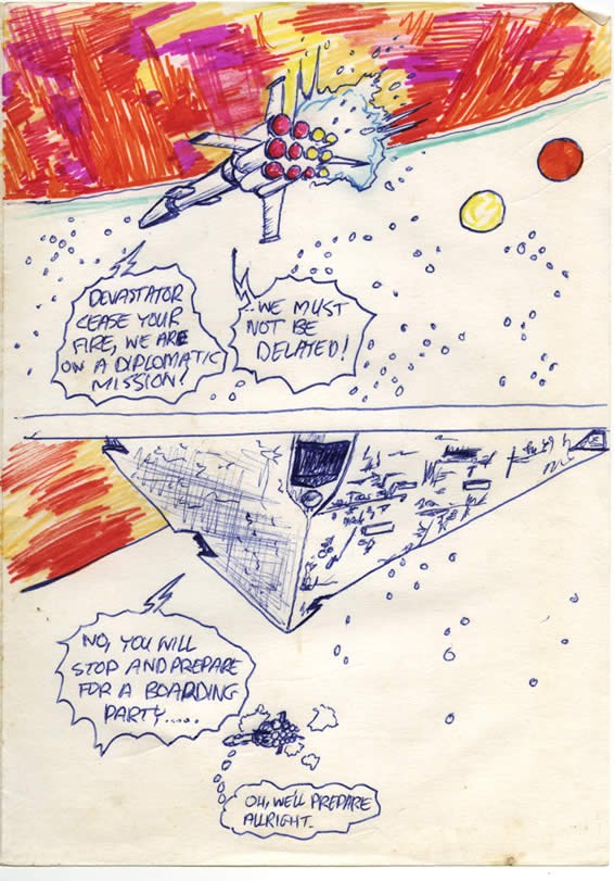 The Rebel blockade runner, the Tantive IV is still being pursued above Tatooine by the Imperial Star Destroyer—Devastator—In this Star Wars comic page by a kid