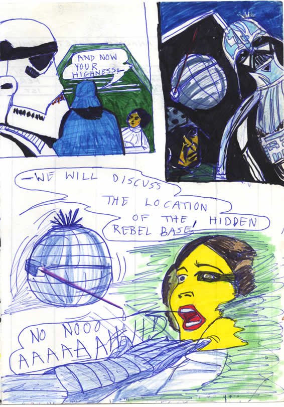 In the detention block of the Death Star, Darth Vader interrogates Princess Leia, in this late 1970s Star Wars comic page by a kid in Ireland