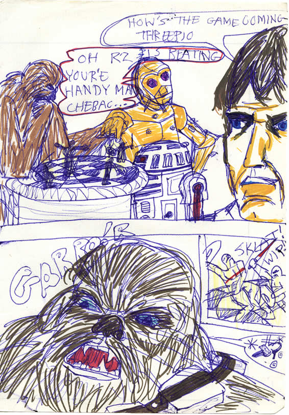 Chewbacca and R2-D2 play a game of Dejarik onboard the Millennium Falcon until Chewie becomes enraged at losing. In this 1970s Star Wars comic by a kid in Ireland