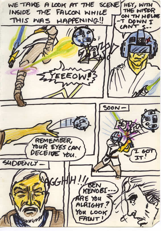 Ben trains trains Luke in lightsaber skill with the floating training remote aboard the Millennium Falcon, in this Star Wars comic page drawn by a kid in Ireland