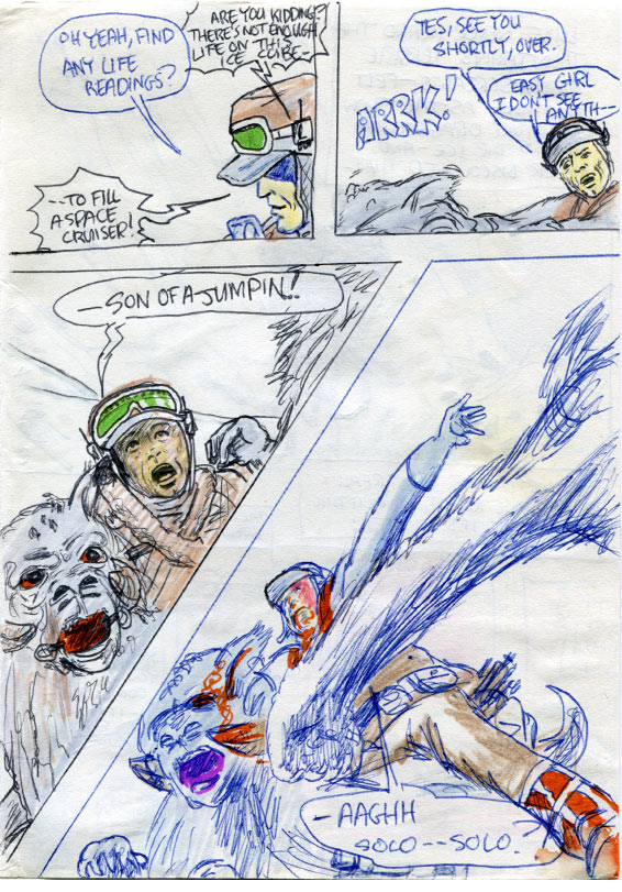 A page of the Empire Strikes Back Star Wars comic adaptation showing Luke attacked by a Hoth Wampa.