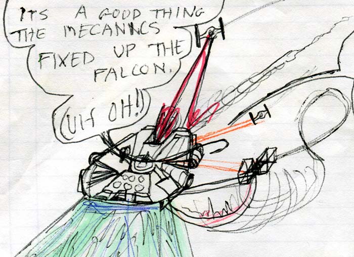 millennium falcon attacked by tie fighters—detail image from a kid's Star Wars comic page